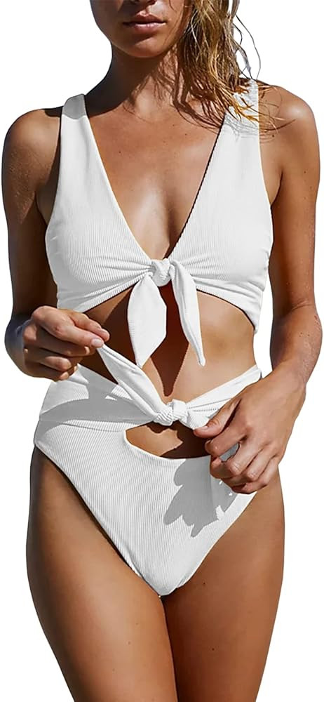 Women's High Waisted Tie Knot Ribbed Knit Bikini Sets Sexy V Neck Two Piece Swimsuits High Rise Bath | Amazon (US)