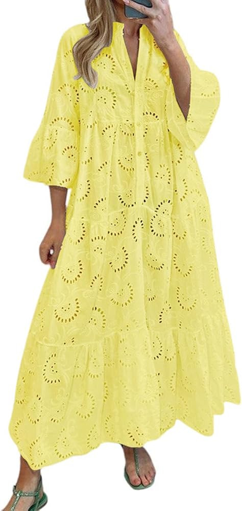 chouyatou Women's 2024 Lace Eyelet Embroidery Maxi Dress V-Neck Trumpet Sleeve Boho Flowy Swing D... | Amazon (US)