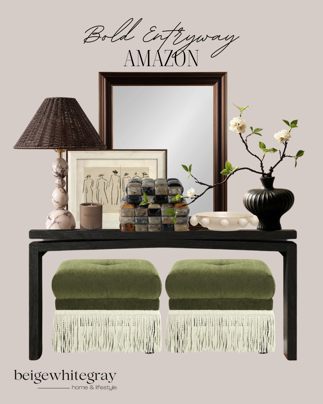 Amazon home decor, Amazon home finds, entryway decor ideas, bold entryway decor, entryway styling, console table decor, black console table, entryway mirror, dark wood mirror, designer inspired decor, marble table lamp, woven lamp shade, decorative vase, faux floral stems, green ottoman, fringe ottoman, neutral home accents, black and brown decor, moody home decor, eclectic home decor, elevated Amazon finds, affordable home decor, entryway furniture, foyer decor ideas

#LTKHome