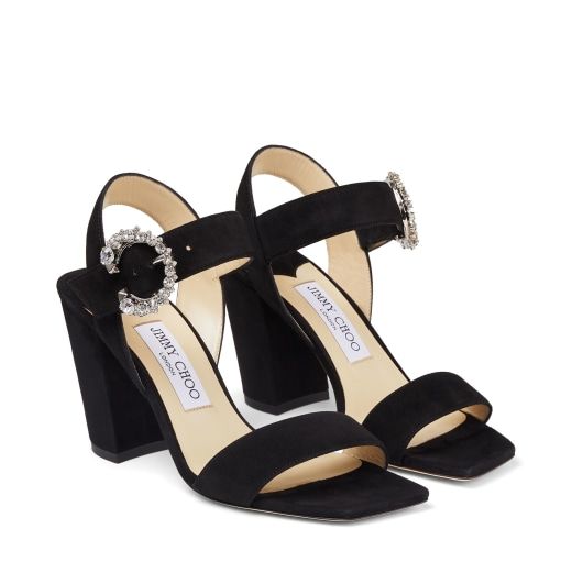 Black Suede Sandals with Crystal Buckle | Jimmy Choo (US)