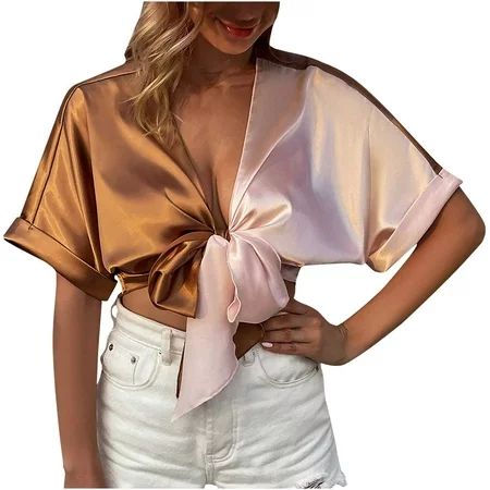 Summer Women Satin Lacing Crop Tops V-Neck Short Sleeve Color Blocking Casual Blouse Shirt | Walmart (US)