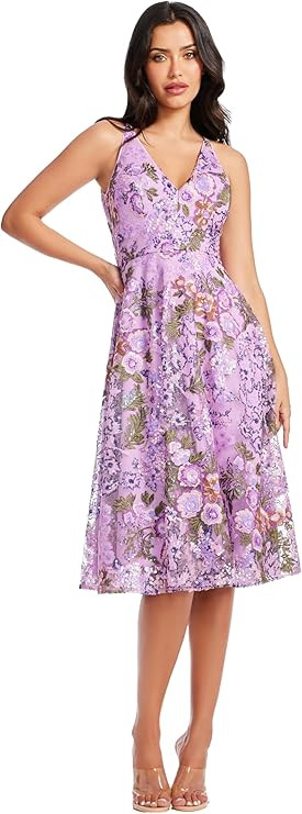 Dress the Population Women's Elisa Sleeveless Plunge Neckline Fit and Flare Midi Dress | Amazon (US)