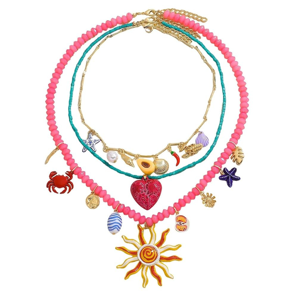Bohemian Beaded Necklace for Women, Sun Sea Star Crab Shell Heart Pendant Necklace, Multichain Se... | Amazon (US)