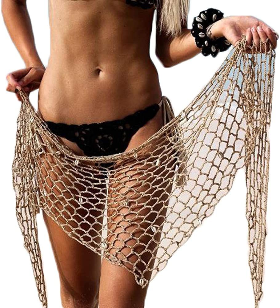 Women's Net Hollow Out Crochet Triangle Bikini Swimsuit Cover Up Wrap Scarf Sarong Adorned with S... | Amazon (US)