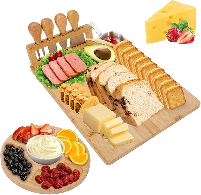 Bamboo Charcuterie Board Set - Cheese Serving Platter with 4 Stainless Steel Knives and Fruit Tra... | Amazon (US)