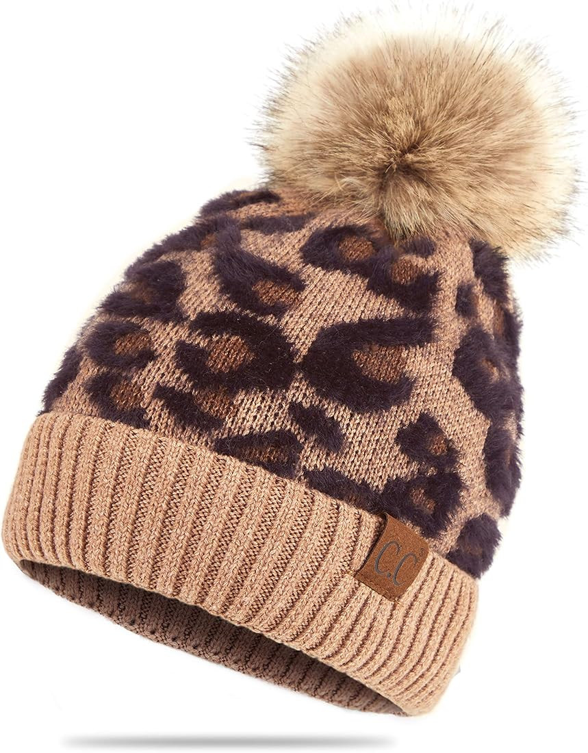C.C Exclusives Soft Beanie hat with Leopard Pattern and Fur Pom(HAT-7001)(SF-7001) | Amazon (US)