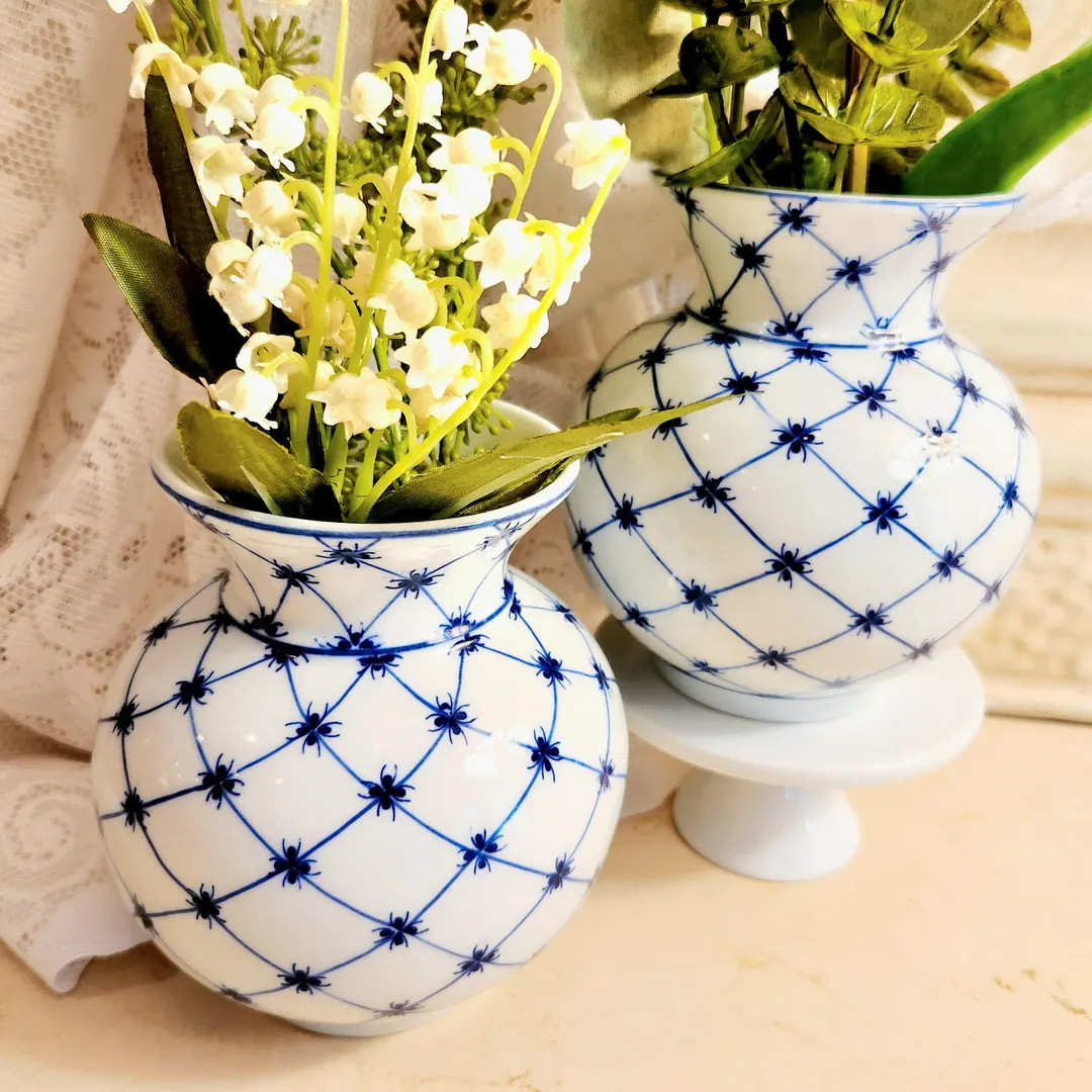 Vintage Pair of Porcelain Vases, Cobalt Blue and White, Andrea by Sadek - Etsy | Etsy (US)