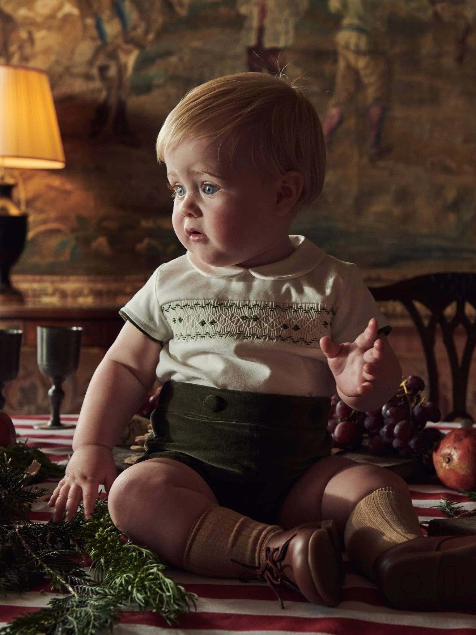Green Bautista Velvet Baby Boy Hand-Smocked Set | La Coqueta (US)
