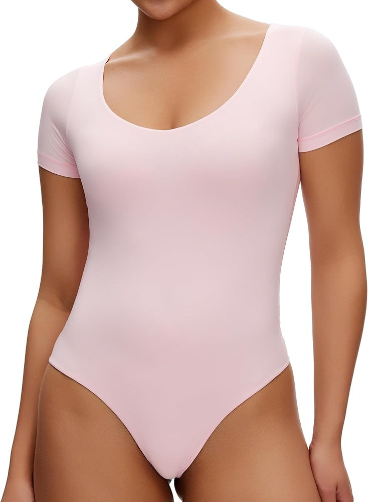 NANJI Short Sleeve Bodysuit for Women - Slim Fit Scoop Neck Body Suit, Stretch Double Lined Tops,... | Amazon (US)