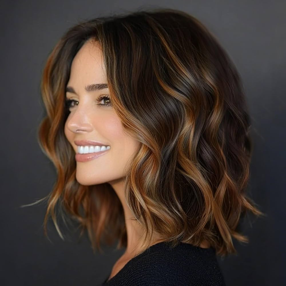 AISI HAIR 14 Inch Highlights Caramel Brown Wigs for Women - Shoulder Length Wave Wig with Pre-Cut... | Amazon (US)