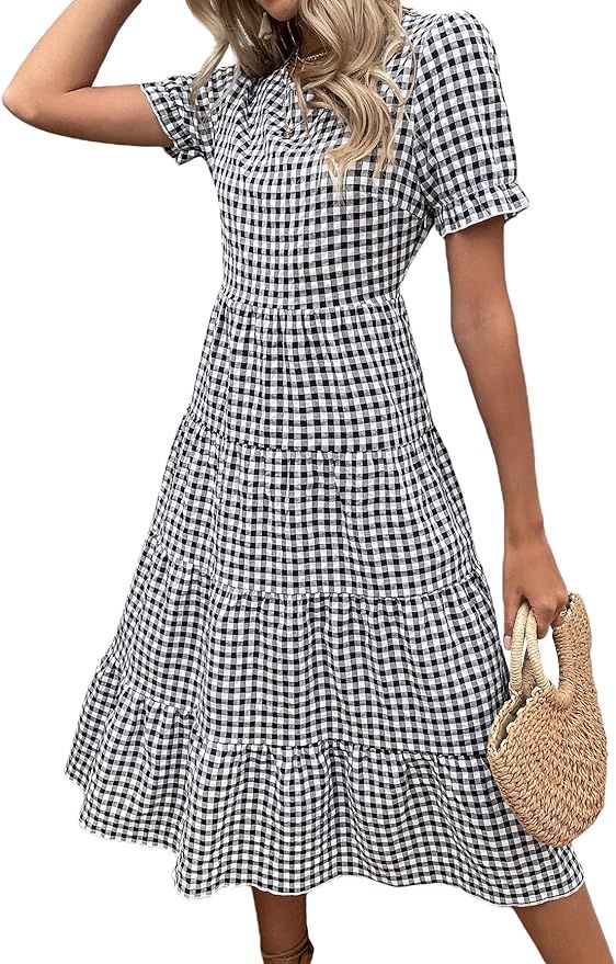 MakeMeChic Women's Casual Plaid Short Puff Sleeve Ruffle A Line Swing Midi Dress | Amazon (US)