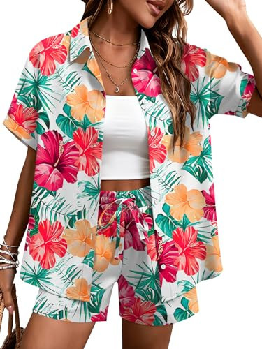 LOMON Women's 2 Piece Hawaiian Vacation Outfits Tropical Print Short Sleeve Shirts and Shorts Beach Sets Resort Wear | Amazon (US)