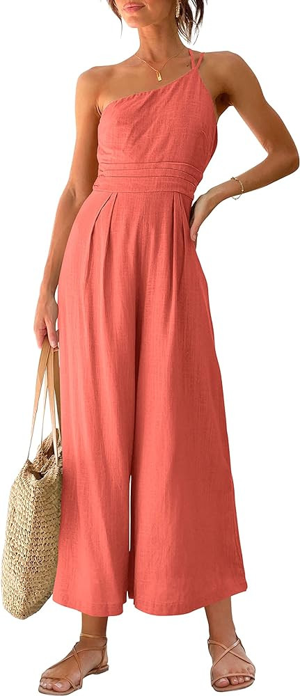 ANRABESS Women's Summer Straps One Shoulder High Waist Casual Wide Leg Linen Jumpsuit Romper with... | Amazon (US)