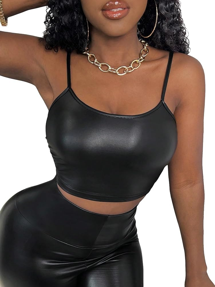 MakeMeChic Women's Casual Solid Sleeveless Spaghetti Strap Cami Camisole PU Leather Backless Crop... | Amazon (US)