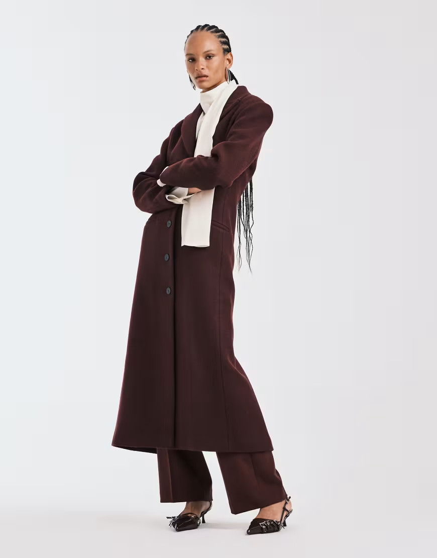 ASOS DESIGN premium brushed wool blend sculpted coat in burgundy-Red | ASOS (Global)