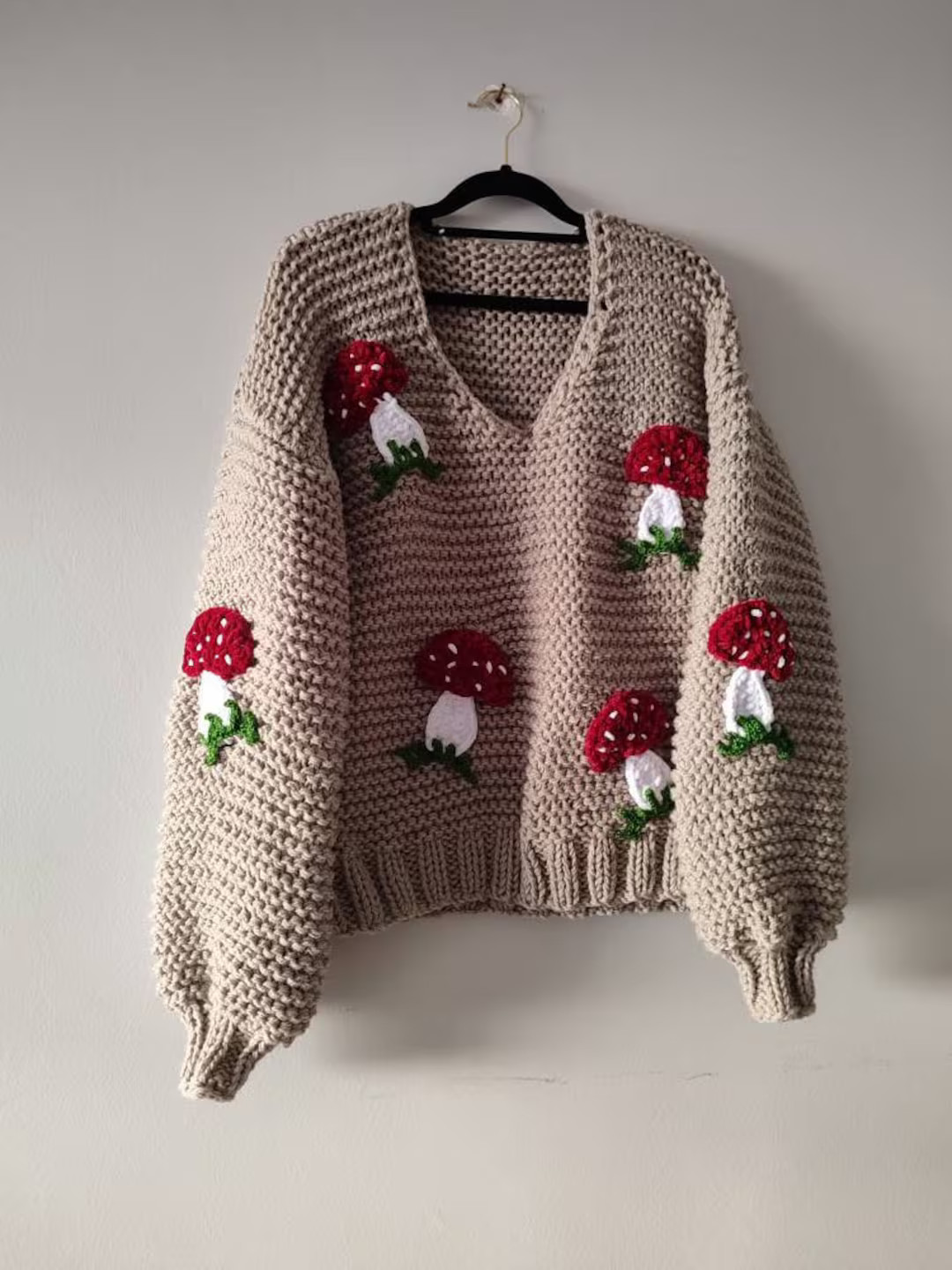 Beige Mushroom Sweater, Cozy Hand Knit Pullover, Oversize Embroidery Sweater, Custom Handmade Clo... | Etsy (US)