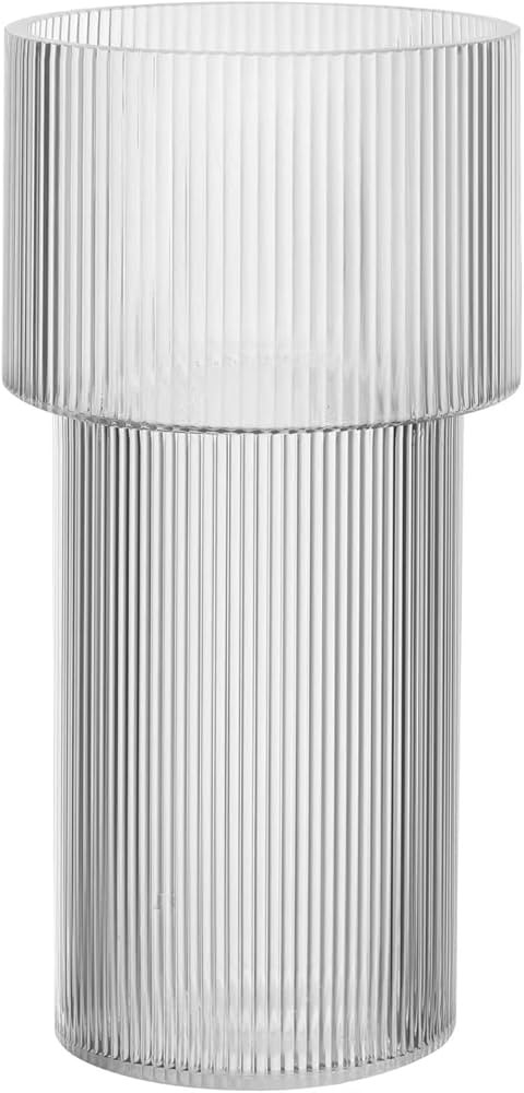Dinyeo Modern Ribbed Large Cylinder Clear Glass Flower Vase for Centerpieces Decor | Amazon (US)