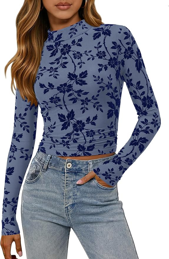 MASCOMODA Mesh Long Sleeve Tops for Women 2025 Trendy Mock Neck Crop Going Out Fitted Floral Shir... | Amazon (US)