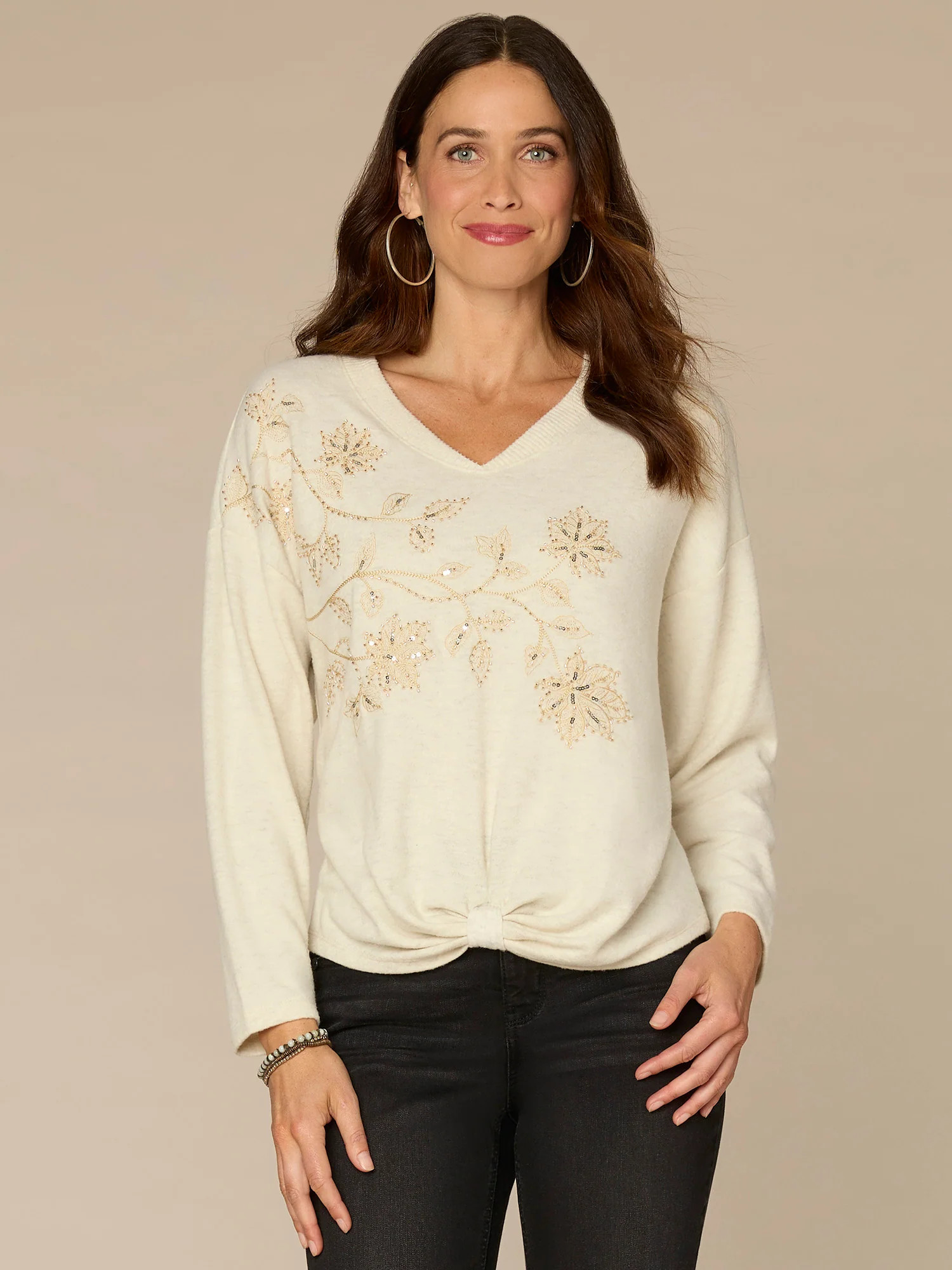 Long Sleeve V-Neck Knot Hem Knit Top with Beaded Floral Embroidery | Democracy Clothing