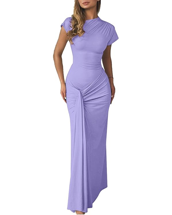 Mojessy Women Bodycon Maxi Dress Sexy Mock Neck Lace Up Bandage Ruched Short Sleeve Long Dress Co... | Amazon (US)