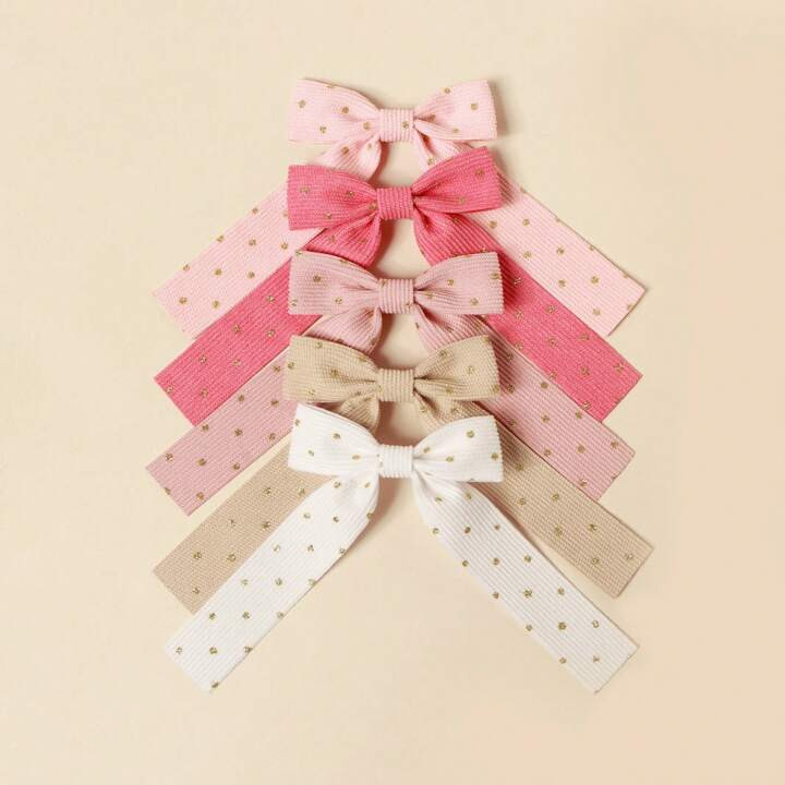 5pcs Girls' Gold Dotted Velvet Weave Ribbon Long Tail Hair Clip With Bow, Suitable For Ponytail | SHEIN