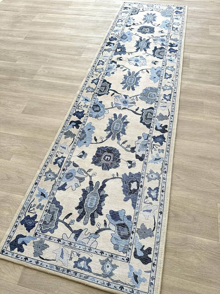 Navy Blue Oushak Runner Rug, Modern Runners, Vintage, Turkish, Eclectic, Floral, Pastel, Washable... | Amazon (US)