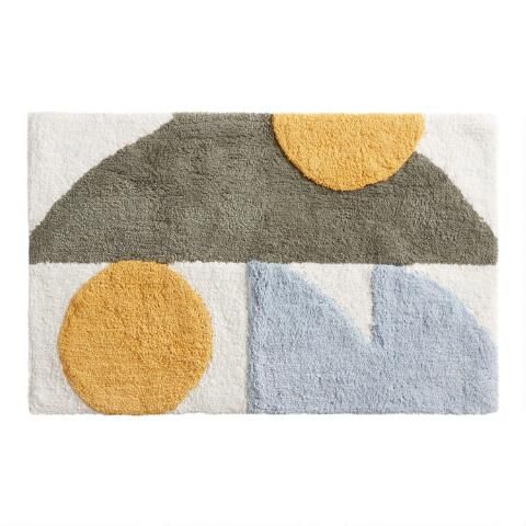 Luka Ivory And Green Abstract Shapes Bath Mat | World Market