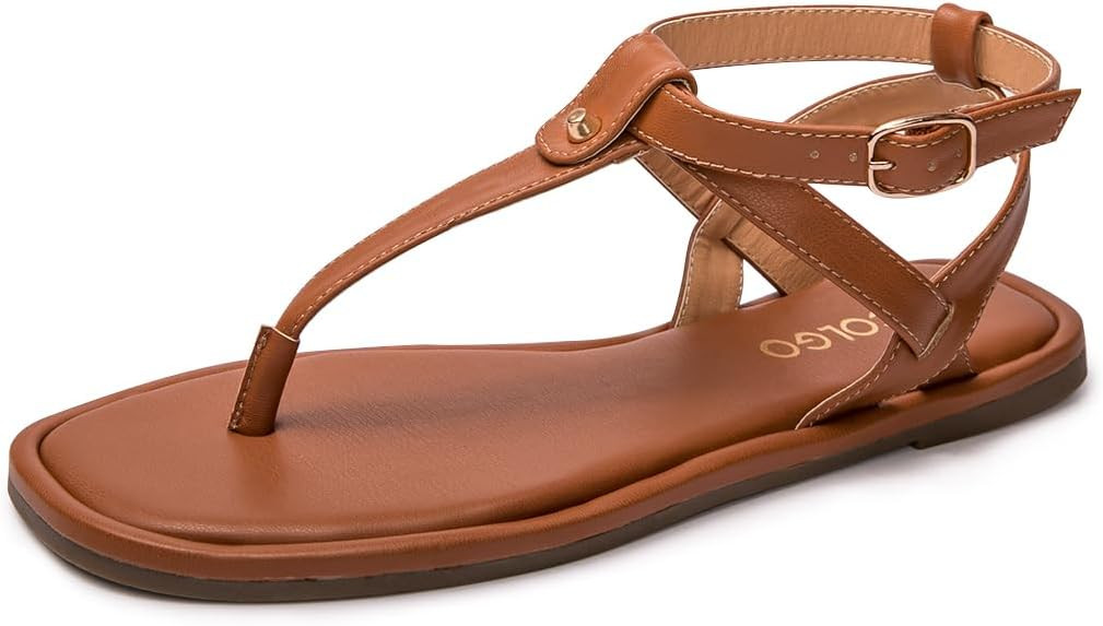 Colgo Thong Flat Sandals, Casual Women T-Strap Dress Sandals with Adjustable Ankle Buckle for Sum... | Amazon (US)