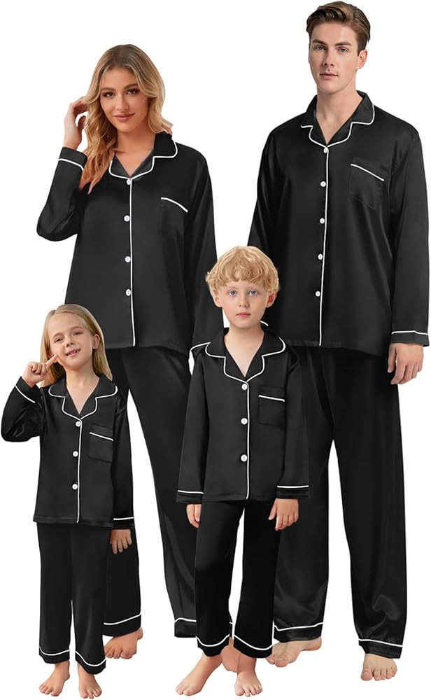 Schbbbta Christmas Family Silk Pajamas Matching Sets Long Sleeve Pj Set Satin Button Down Holiday... | Amazon (US)