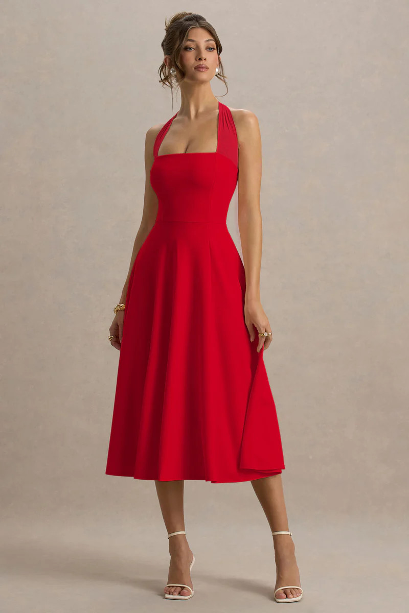 Auburn  Red Halter Skater Midi Dress | Club L London