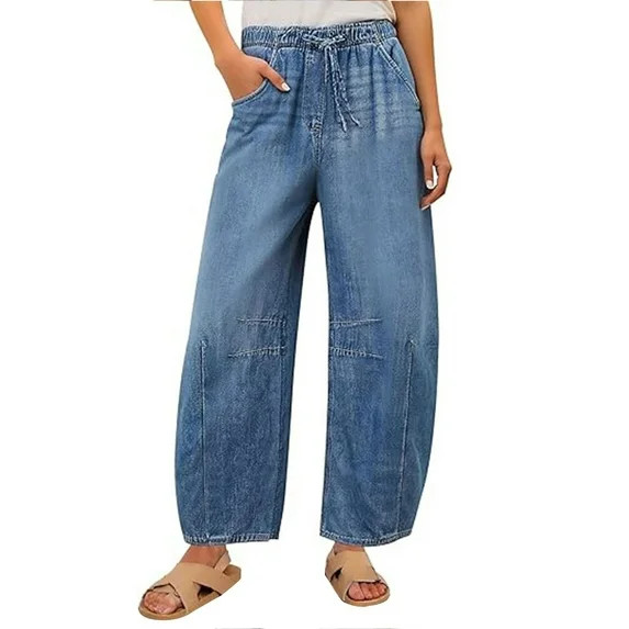 Womens Jeans Sevevn Women Barrel Jeans High Waisted Wide Leg Drawstring Denim Pants Loose Trouser... | Walmart (US)