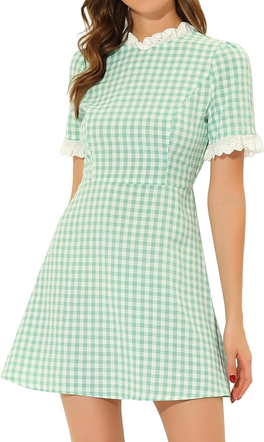 Allegra K Women Gingham Dress Summer Short Sleeve Crew Neck Lace Panel Plaid Mini Dresses Hallowe... | Amazon (US)