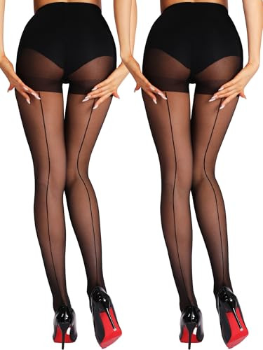 HONENNA Backseam Sheer Tights for Women 2 Pairs High Waist Patterned Cuban Heel Pantyhose With Control Top | Amazon (US)