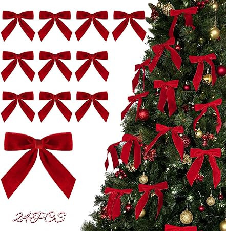 Christmas Decorations - Christmas Bows - 24 Pcs 7 x 6 inch Medium Red Velvet Bows for Christmas T... | Amazon (US)