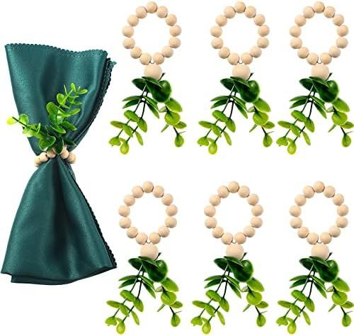 Eucalyptus Napkin Rings Rustic Wooden Beads Napkin Rings Set of 6 Handmade Wooden Napkin Rings Garla | Amazon (US)