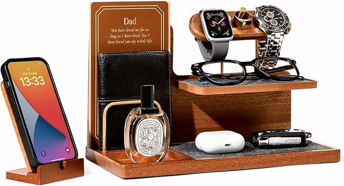 UPERGO Fathers Day Gift for Dad, Wooden Nightstand Organizer Stand, Valet Tray EDC Caddy for Men,... | Amazon (US)