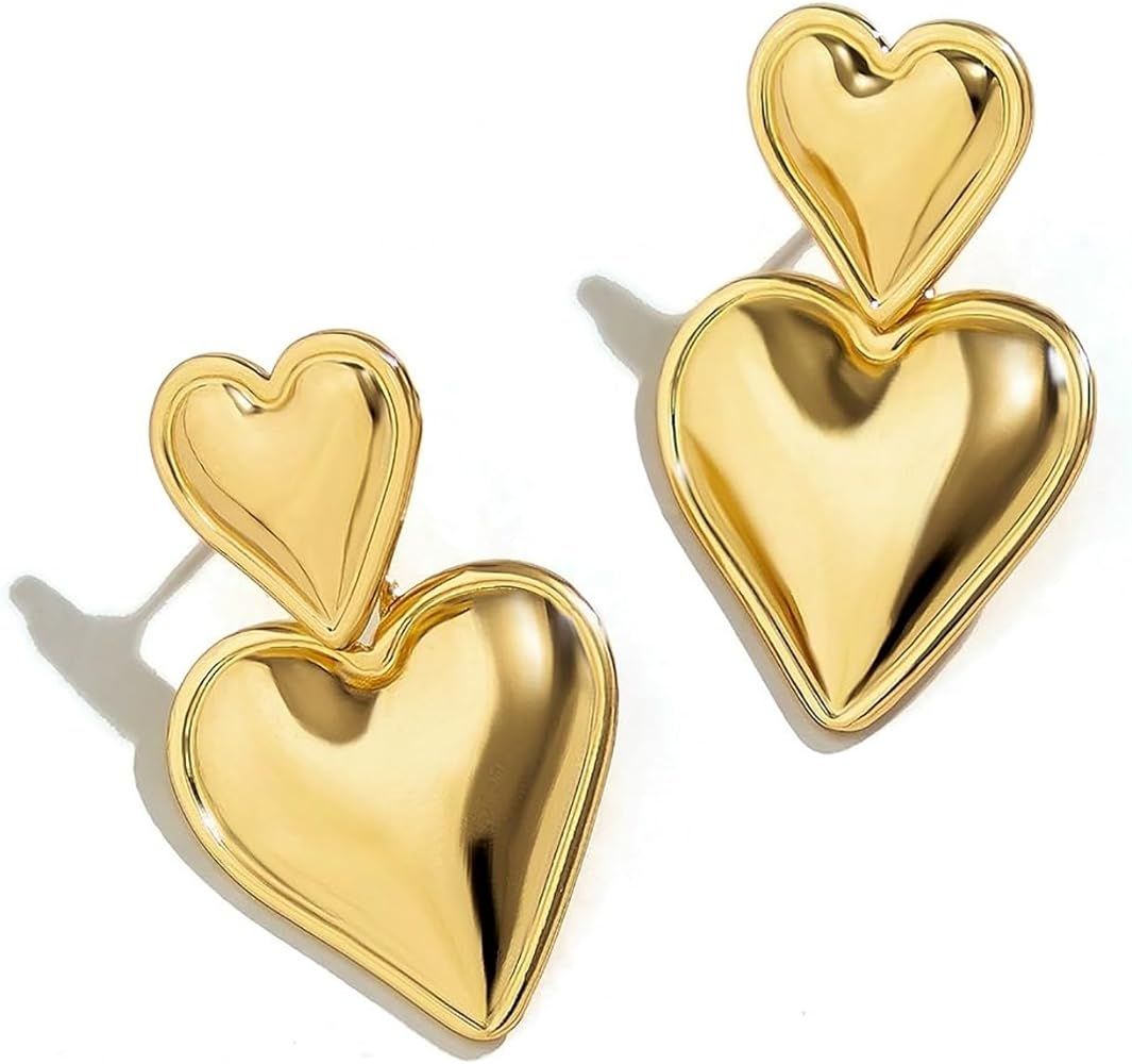 Gold Double Heart Earrings Drop Dangling Earrings, Trendy 18K Gold Plated Hypoallergenic Statemen... | Amazon (US)