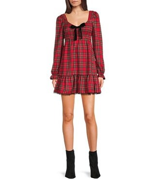 Allison & Kelly Plaid Printed Bow Front Smocked Long Sleeve Dress | Dillard's | Dillard's