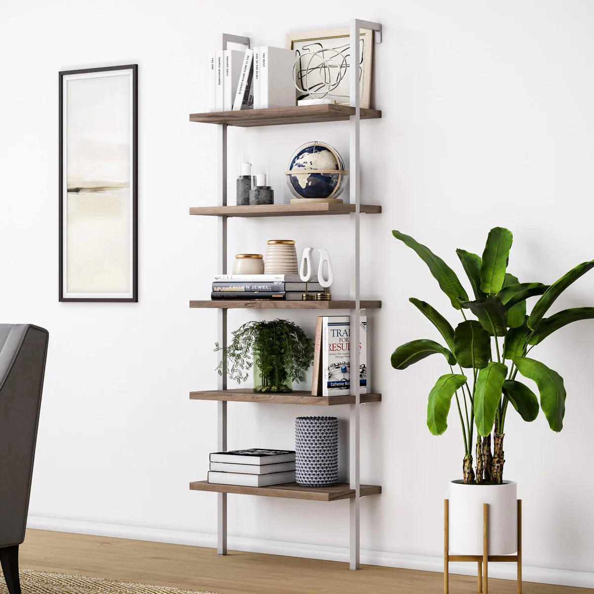 5-Shelf Ladder Bookshelf Oak Matte White | Nathan James