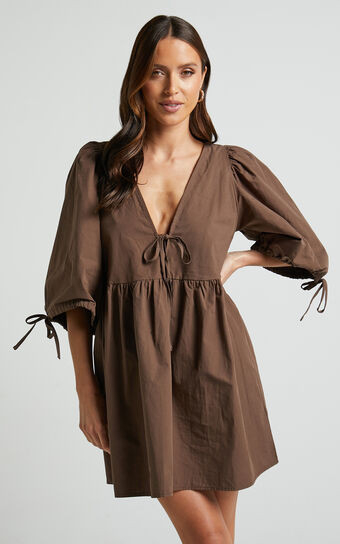 Rosita Mini Dress - Tie Front Puff Sleeve Dress in Chocolate | Showpo (US, UK & Europe)