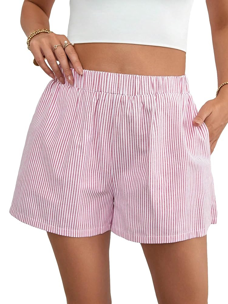 Floerns Women's Striped Print Elastic High Waist Wide Leg Casual Shorts | Amazon (US)