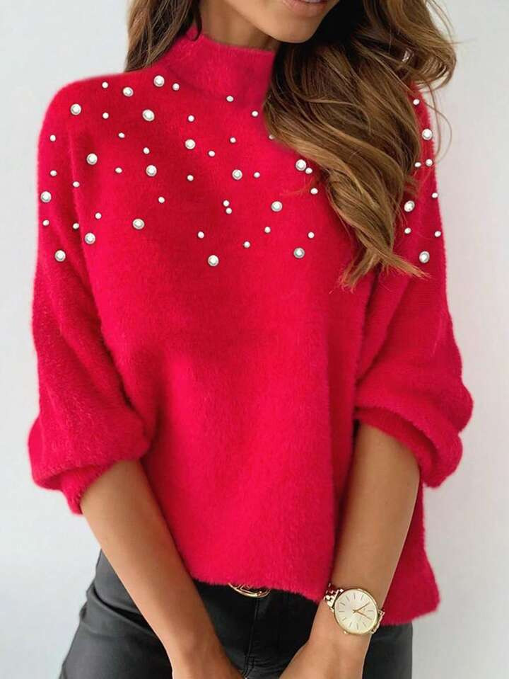 Pearls Beaded Mock Neck Drop Shoulder Fluffy Knit Sweater | SHEIN
