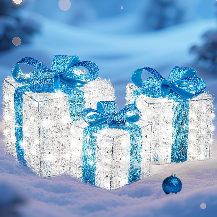 Christmas Decorations, 140 LEDs Set of 3 Lighted Gift Boxes with Silver Tinsel and Blue Bows, War... | Amazon (US)