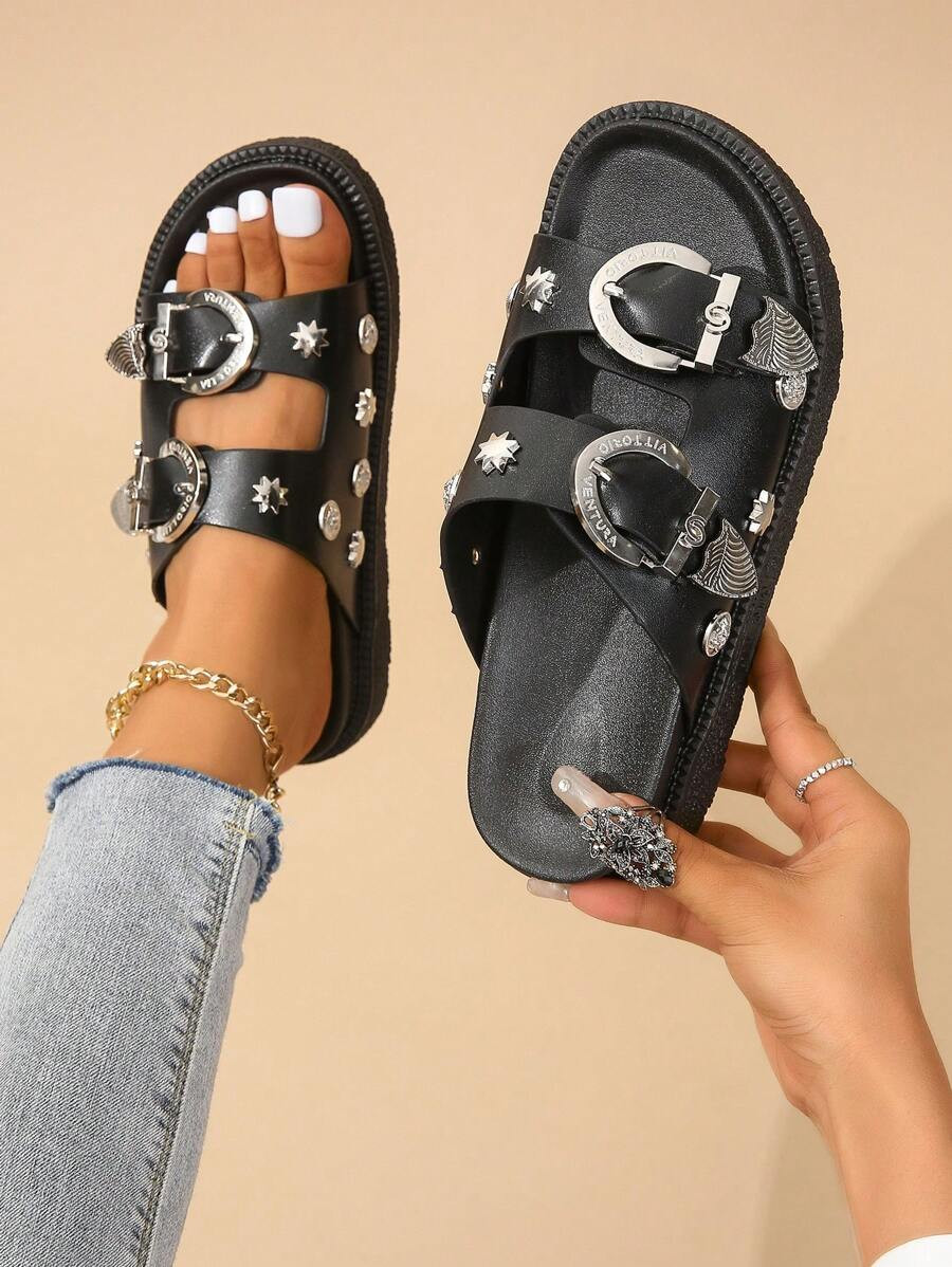 Women's Comfortable Fashionable Round Toe Black Sandals With Double Buckle, Double Layered Thick ... | SHEIN