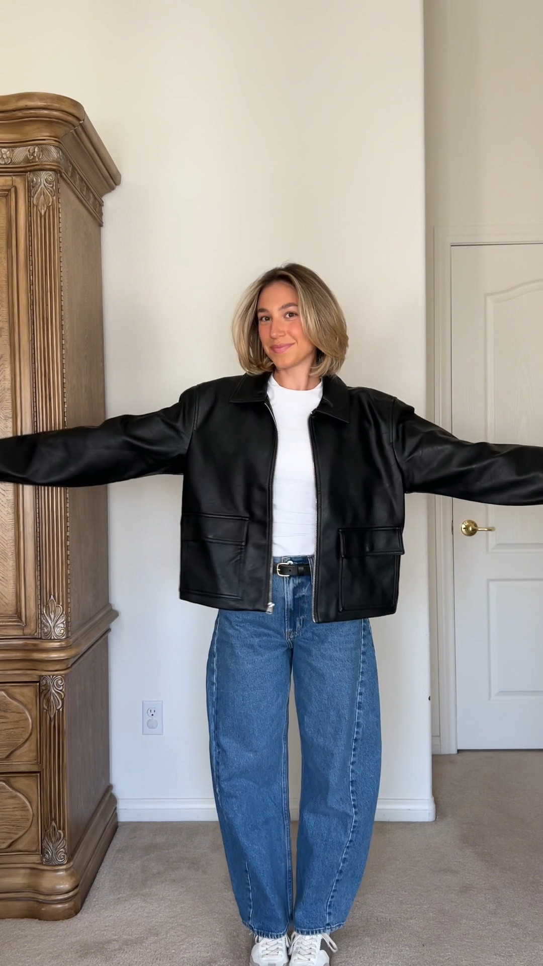 Fall outfit, fall style, leather jacket, black jacket, white tee, white t-shirt, barrel jeans, barrel denim, Abercrombie jeans, everyday sneakers, casual shoes

#LTKSeasonal #LTKVideo #LTKStyleTip