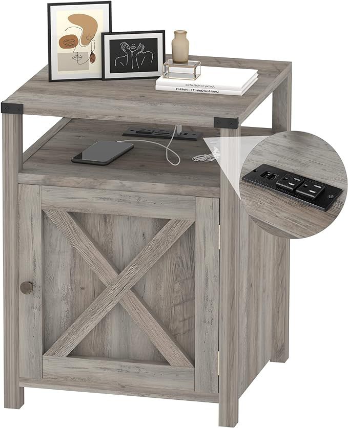 HOSEOKA Farmhouse Nightstand with Charging Station, Rustic End Table Bedroom with Storage Living ... | Amazon (US)