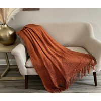 Nordic Knitted Blanket For Couch, Rust Throw With Tassels, Cozy Bedroom, Housewarming Gift For Her | Etsy (US)