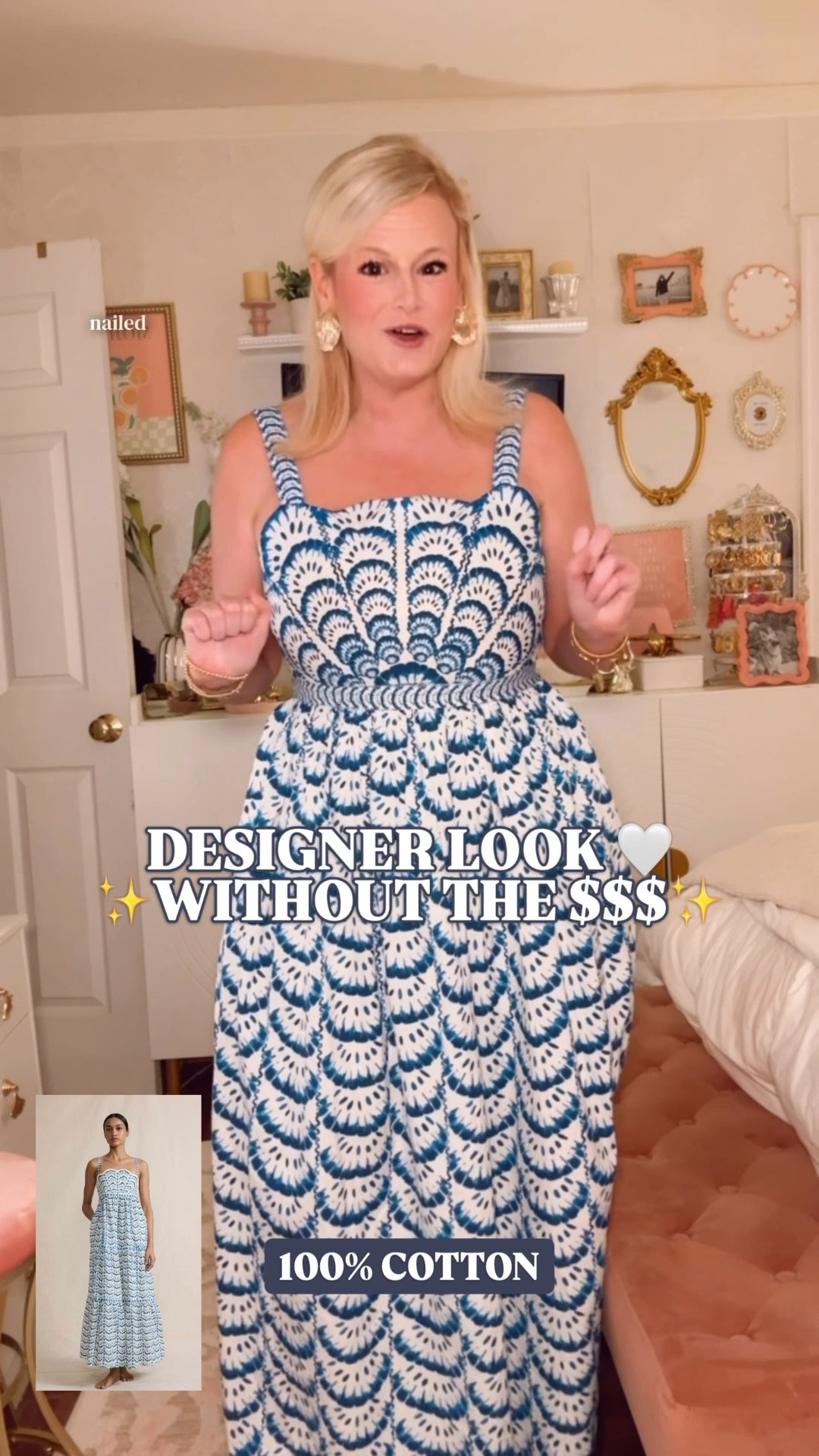 Daydress Bottishelly dress look for less | wedding guest dress women | vacation dress women | summer dress women | Kentucky Derby dress | blue and white midi dress | preppy style dress

The Daydress Bottishelly Dress look without the $298 price tag.

Same scallop shell fan print energy. Same structured bodice. Same full maxi silhouette. Same intentional, expensive-looking feel. Just not the $298 receipt.

100% cotton. Saturated cobalt blue and white. Scalloped neckline. Wide printed straps. Full tiered skirt. Pockets.

The print is what sells it. That scallop shell fan motif runs in continuous rows from bodice to hem, and that engineered placement is exactly what makes this dress read elevated and thoughtfully designed.

It truly looks so much more expensive than it is. I search high and low for the most unique looks for less, and this one checks every box. It feels special, specific, and far less obvious than the dresses everyone else will be wearing this summer.

And right now this brand is buy 1 get 2 free, which makes this an honestly insane deal. I’m linking my other favorites from this brand below too.

Perfect for:
• wedding guest dress women
• vacation dresses women
• summer dresses women
• derby dress women
• Kentucky Derby dress
• bridal shower dress women
• garden party dress women
• blue and white resort wear

daydress bottishelly dress look for less, daydress bottishelly dupe, wedding guest dress women, vacation dress women, summer dress women, derby dress women, kentucky derby dress women, preppy style dress women, blue and white midi dress women, scallop shell fan print dress, shell print dress women, garden party dress women, bridal shower dress women, resort dress women, cotton midi dress women, belk dress women, crown and ivy dress#LTKFindsUnder100 #WeddingGuestDress #DerbyDress #VacationDress #PreppyStyle #LookForLess

#LTKWedding #LTKWedding #LTKSeasonal #LTKSaleAlert