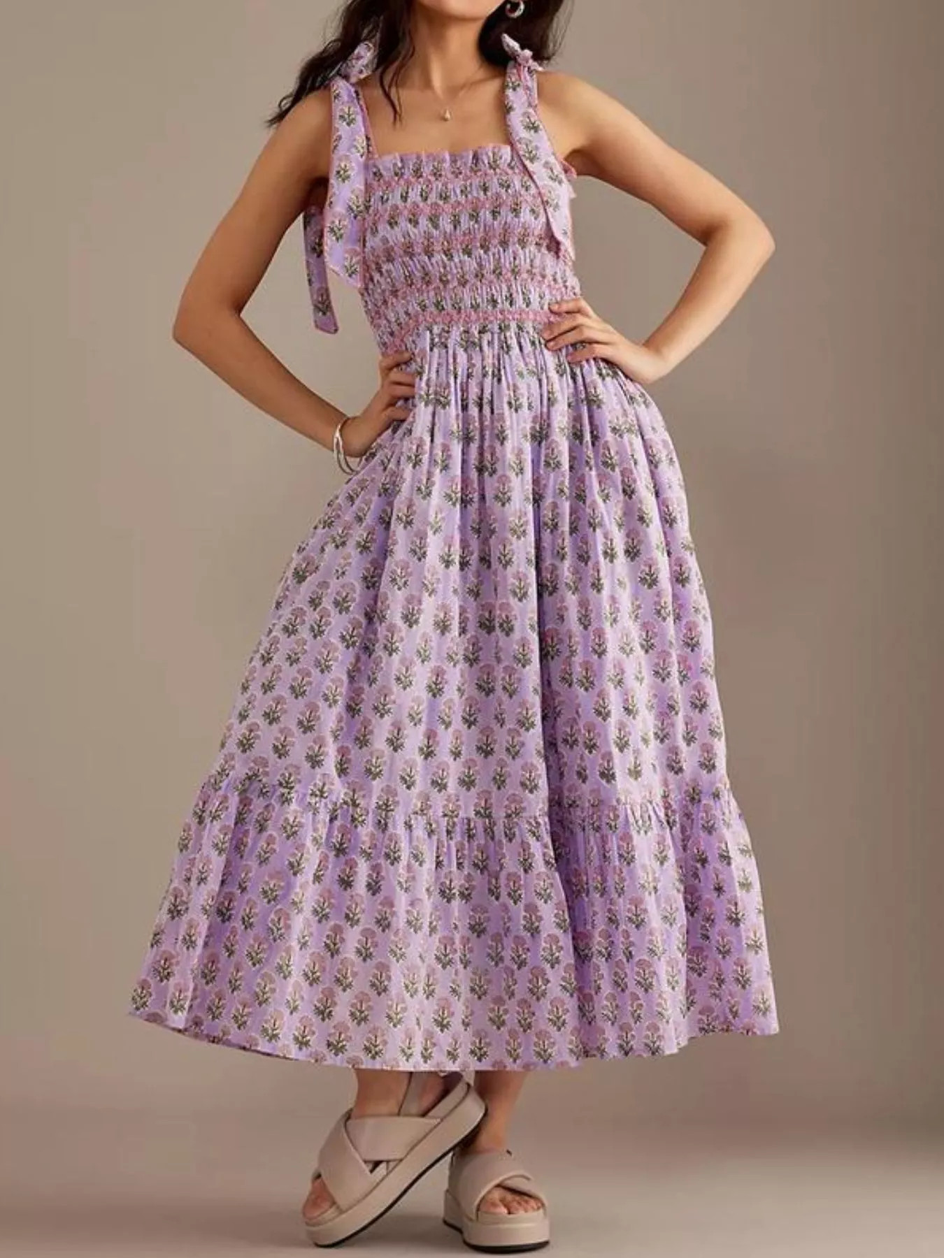 Floral Smocked Tie-Shoulder Midi Dress | Charming Charlie