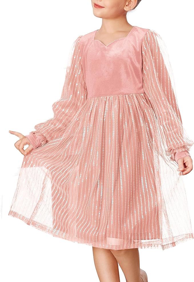 GRACE KARIN Girls Velvet Sequin Dress Girls Long Sleeve Elegant Cute Sequin Dress for 5-12Y      ... | Amazon (US)